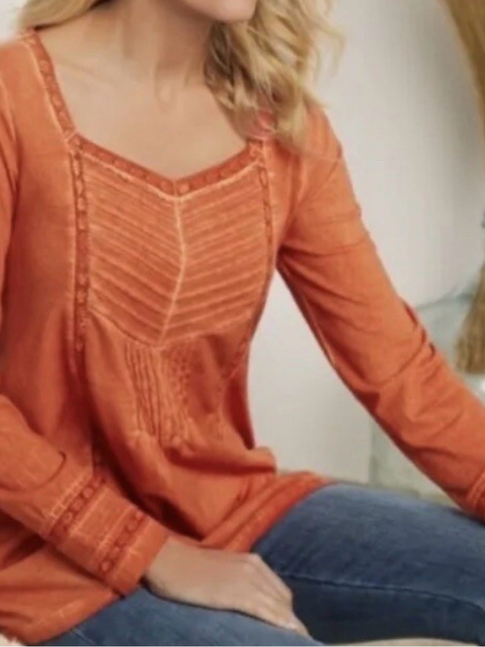 Soft Surroundings Burnt Orange Embroidered Square-Neck Tunic